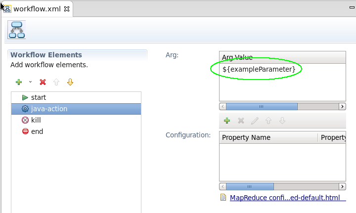 Редактор workflow.xml, показывающий пример параметра в качестве значения аргумента Java Action