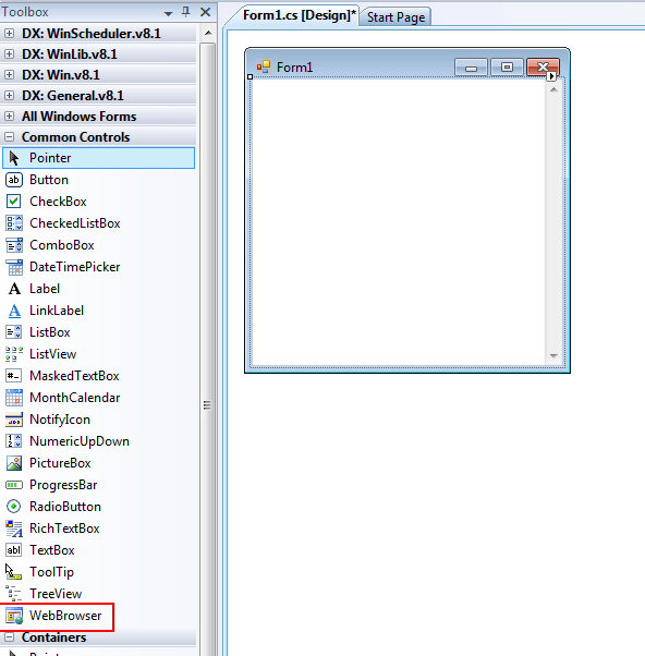 Перетащите WebControl на форму