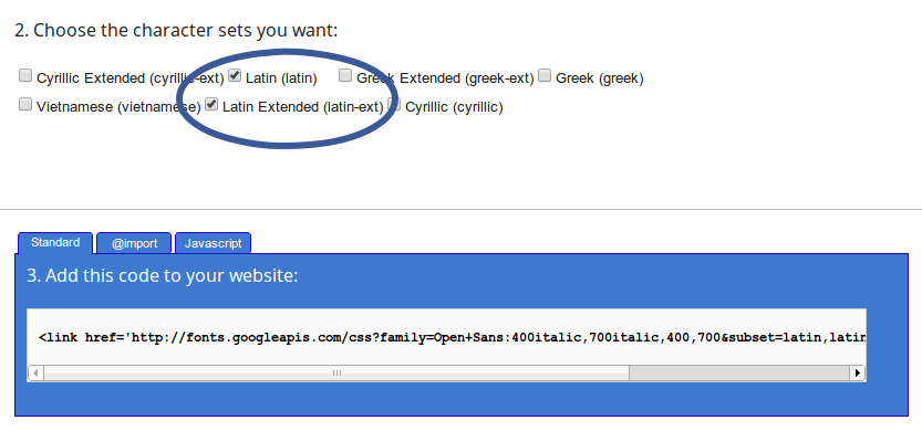 Google Web Fonts Выбрать наборы символов