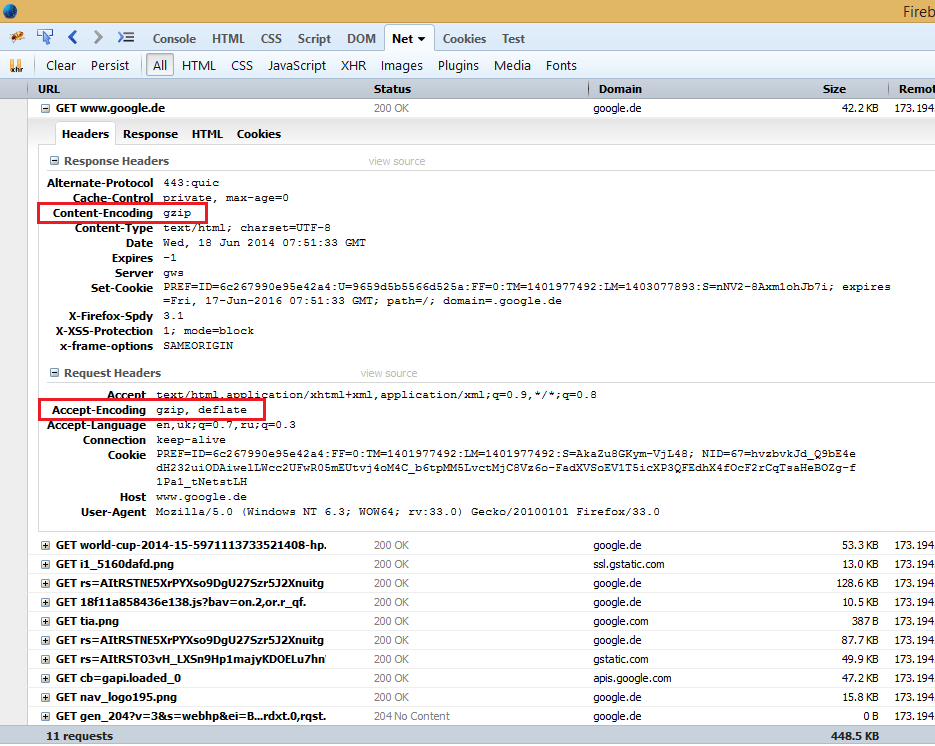 Проверка кодировки gzip в Firebug