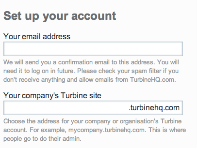 Представление создания учетной записи TurbineHQ