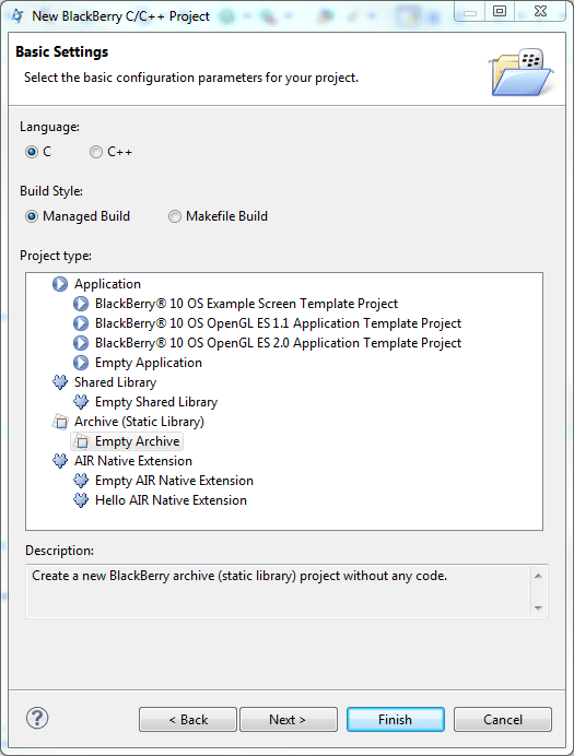 Новый BlackBerry C / C++ Project Dialog