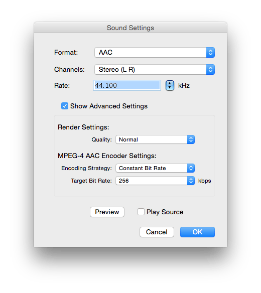 Настройки аудио Quicktime 7