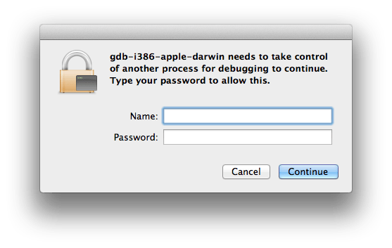 Для продолжения отладки gdb-i386-apple-darwin необходим контроль над другим процессом. Введите свой пароль, чтобы разрешить это