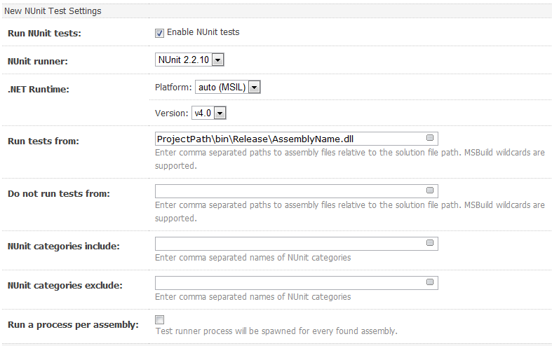 Настройки тестов Nunit в Team City