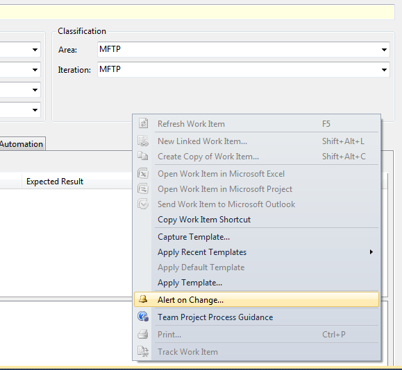 Щелкните правой кнопкой мыши рабочий элемент> Alert on change.. menu