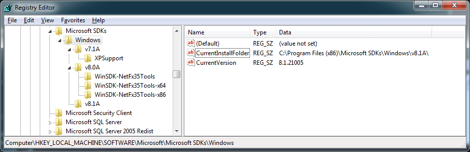 HKEY_LOCAL_MACHINE \ ПРОГРАММНОЕ ОБЕСПЕЧЕНИЕ \ Microsoft \ Microsoft SDK \ Windows CurrentInstallFolder