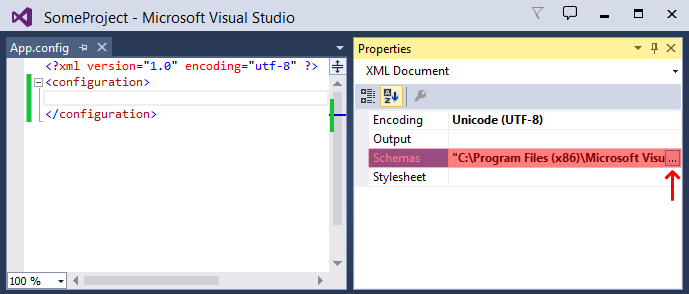 Снимок экрана Visual Studio, показывающий, где найти и изменить свойство 