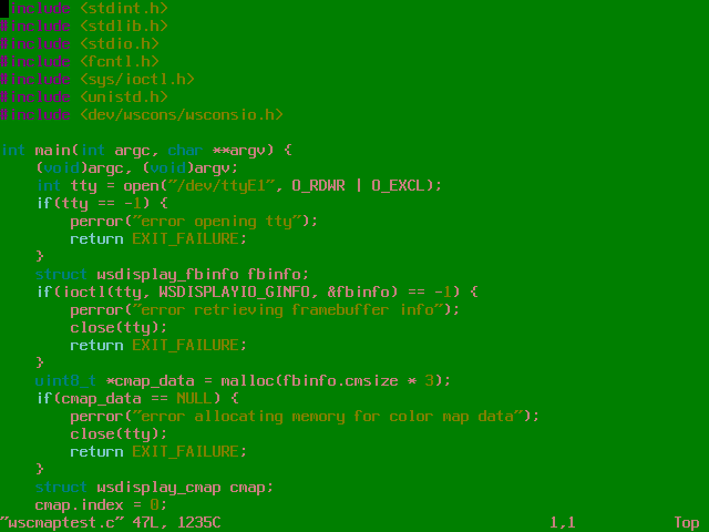 Vim, показывая исходный код программы со странной цветовой картой