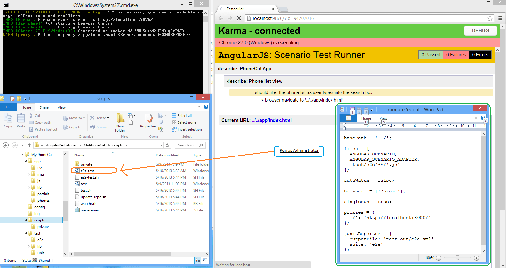 ECONNREFUSED при запуске сквозного теста с использованием пакета Karma node.js в MS Windows 8 Professional