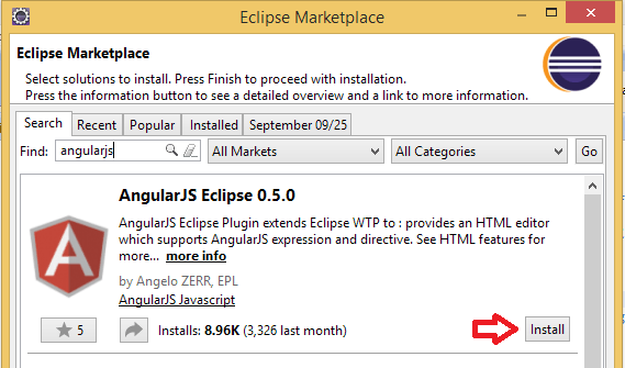 Установите AngularJS Eclipse