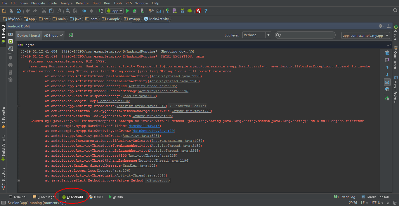 Поиск трассировки стека в Android Studio