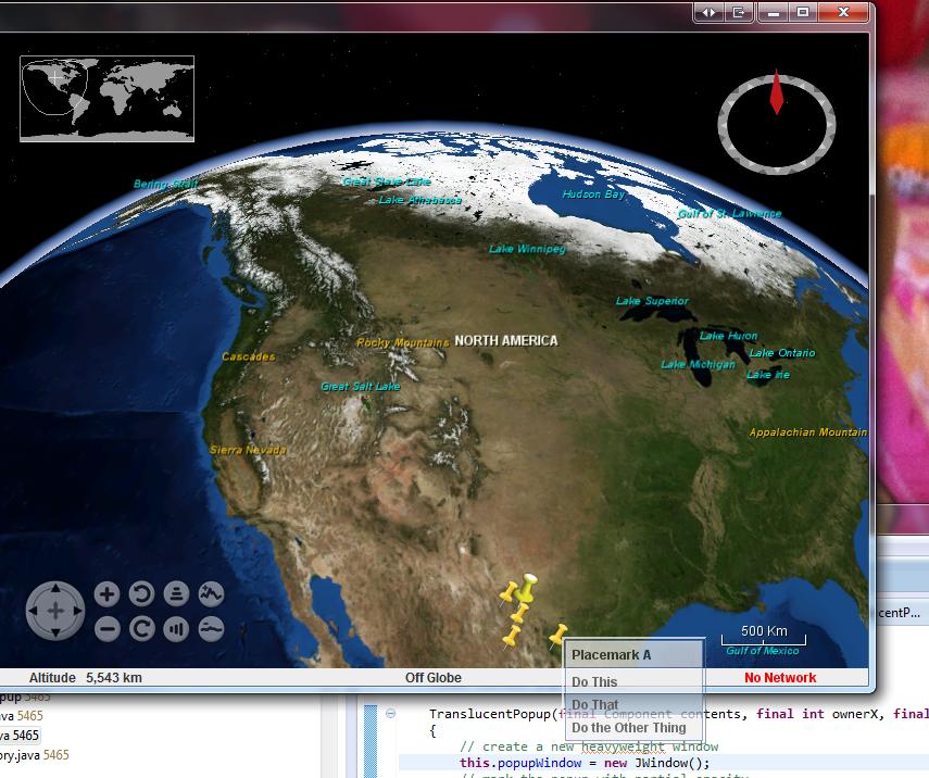 Прозрачное контекстное меню, отображаемое в примере приложения World Wind Context Menu