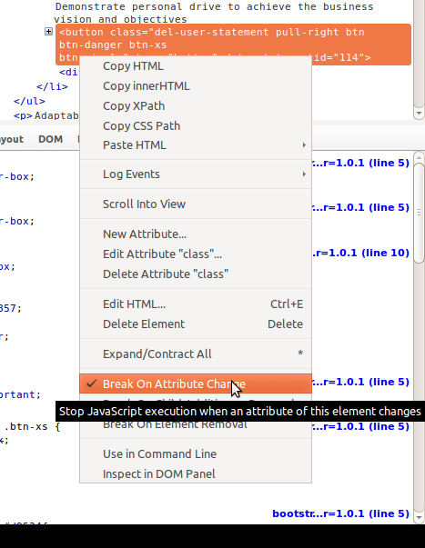 Щелчок правой кнопкой мыши на элементе в Firebug с выделением разрыва при изменении атрибута