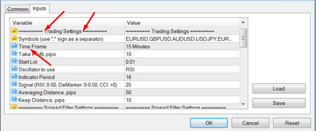 Панель диалога MetaTrader Termina для установки значений переменных <code> input </ code> и <code> extern </ code> в {Expert Advisor | Технический индикатор | Script} запуск выполнения кода