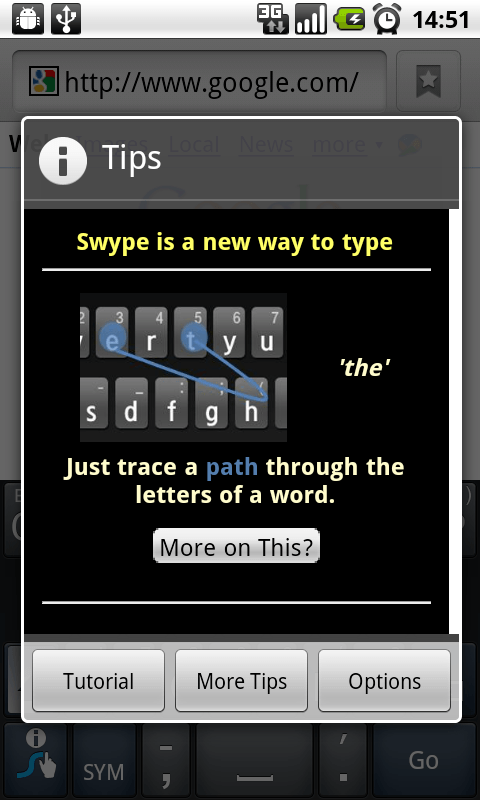 Swype всплывающее диалоговое окно