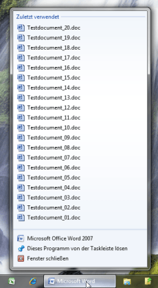 Пример Windows7-Jumplist для Word 2007, заполненные ссылками на автоматически сгенерированные документы