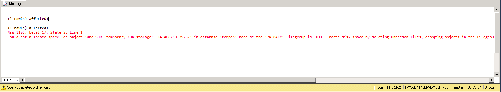 Сообщение об ошибке tempdb PRIMARY filegroup full