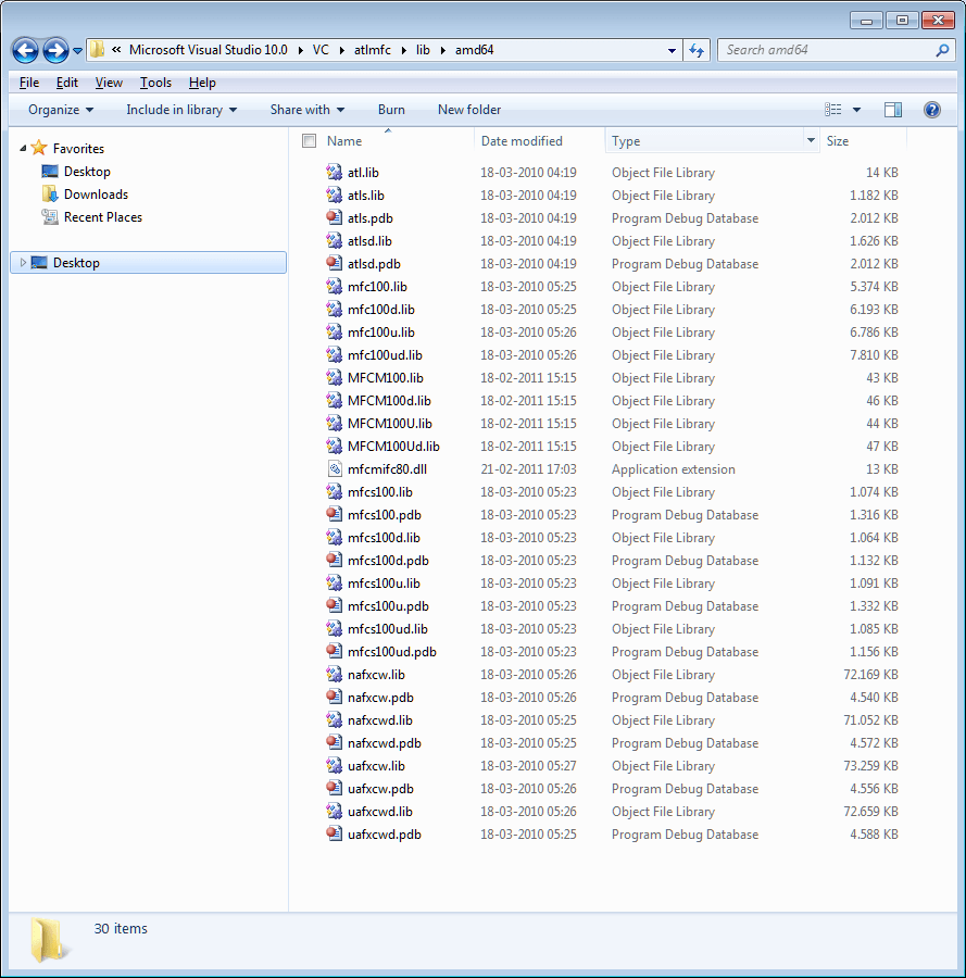 C: \ Program Files (x86) \ Microsoft Visual Studio 10.0 \ VC \ atlmfc \ lib \ amd64