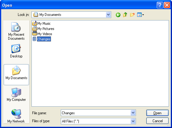 изображение открытого диалогового окна Windows XP