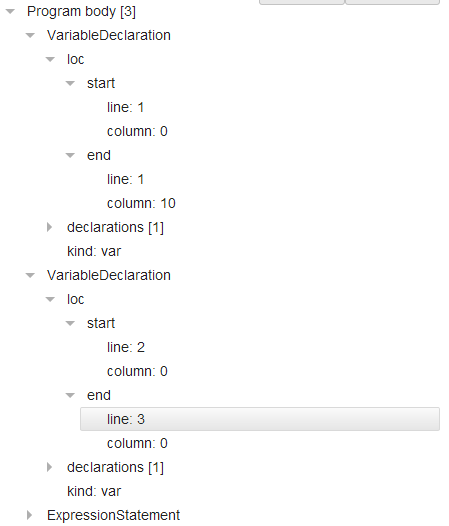 Расположение второго VariableDeclaration заканчивается в строке 3