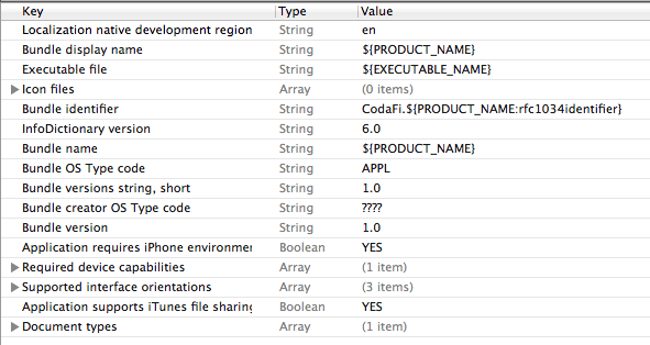 Снимок окна редактора списков Xcode