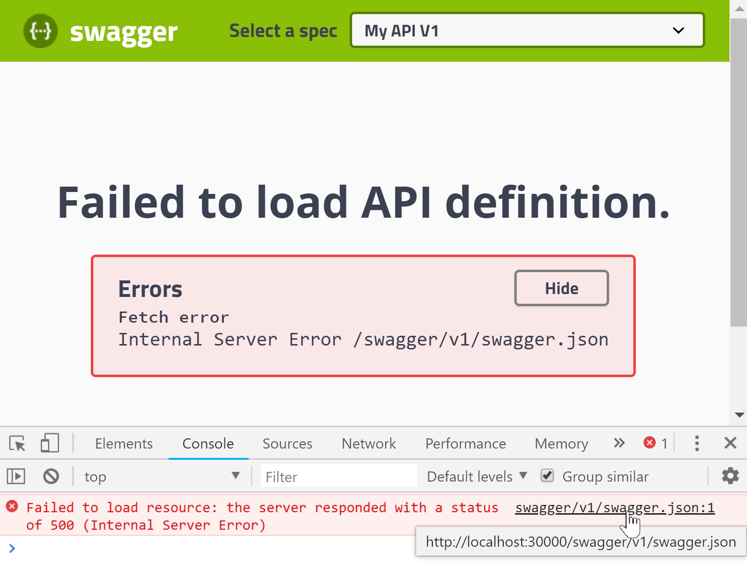Error fetching api. Скрин devtools с ошибкой 500. swagger error: bad request.