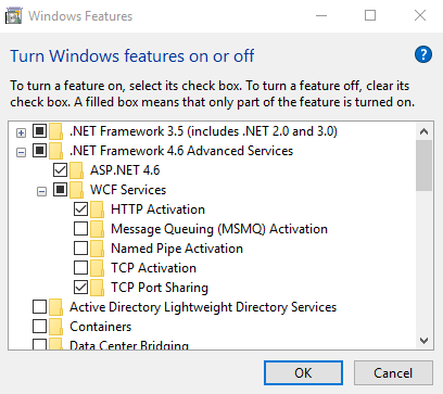 Диалоговое окно функций Windows, показывающее активацию HTTP в службах WCF в.NET Framework 4.6 Advanced Services