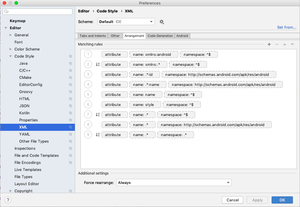 перейти к стилю кода XML