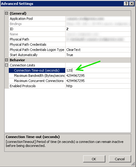 Настройка времени ожидания подключения в IIS