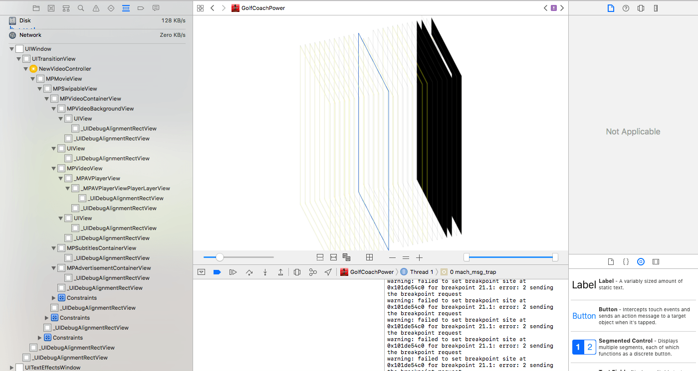 Снимок экрана для точки останова UIViewAlertForUnsatisfiableConstraints