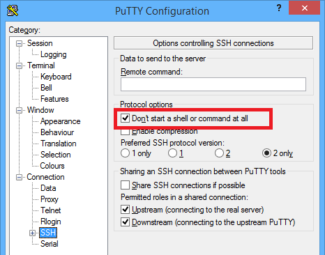 Параметр PuTTY Не запускать оболочку или команду вообще