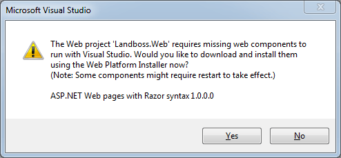 Для веб-проекта Landboss.Web требуются отсутствующие веб-компоненты для работы с Visual Studio. Хотите ли вы загрузить и установить их с помощью установщика веб-платформы сейчас? (Примечание. Для вступления в силу некоторых компонентов может потребоваться перезапуск.) Веб-страницы ASP.NET с синтаксисом Razor 1.0.0.0