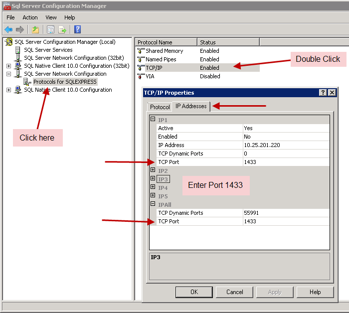 Порт 1433 является портом по умолчанию, используемым SQL Server, но по какой-то причине не отображается в конфигурации по умолчанию