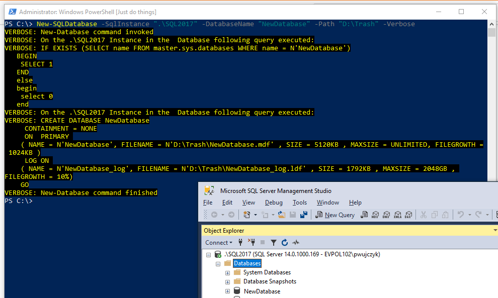 Создание новой базы данных с powershell