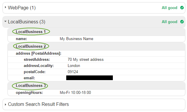 Инструмент тестирования структурированных данных: выходные данные, показывающие 3 элемента LocalBusiness