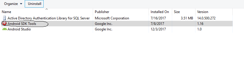 Снимок экрана, как удалить SDK Tools