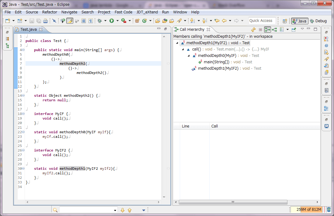 Открывающая иерархия вызовов метода <code> methodDepth1 () </ code>, которая отображается до метода <code> main </ code