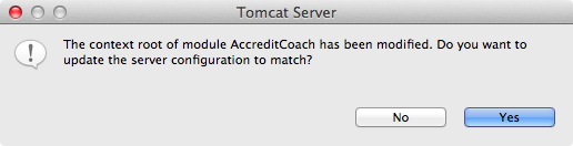 Снимок экрана: диалоговое окно с просьбой обновить конфигурацию сервера в соответствии с измененным корневым контекстом