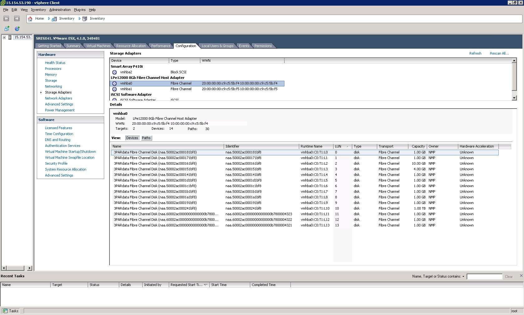 Клиент ESX vSphere, показывающий LUN ID и Target ID