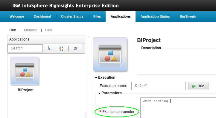 Консоль BigInsights, показывающая, как выглядит пример параметра при запуске приложения