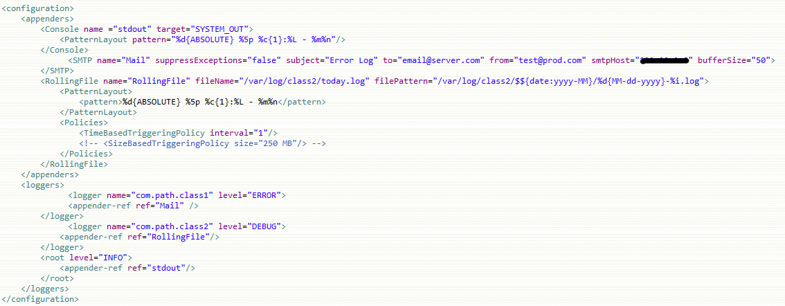 файл log4j2.xml, содержащий приложение smtp