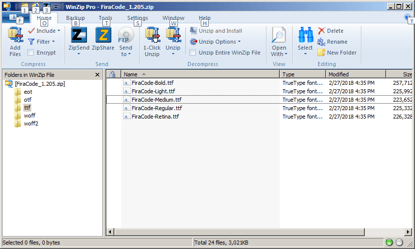Нажмите для скриншота папки TTF в почтовых индексах Fira Code Release