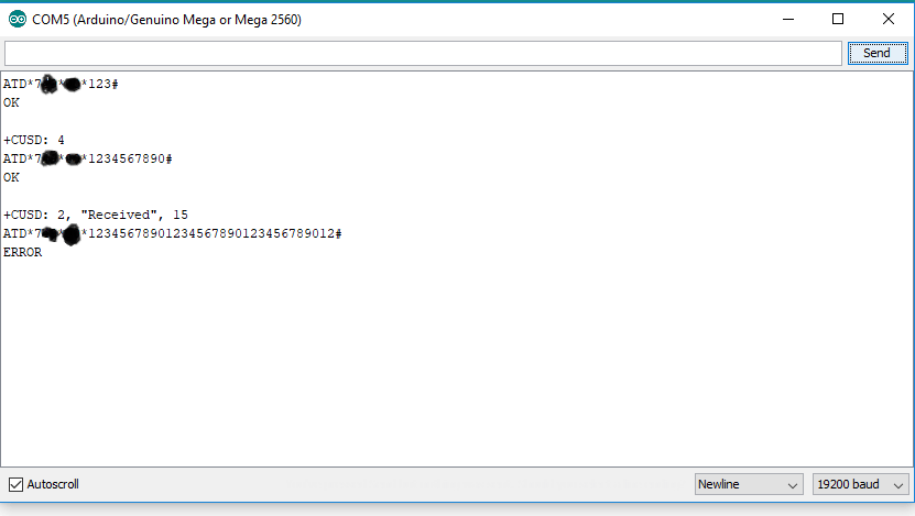 Скриншот теста SIM808 AT на Arduino