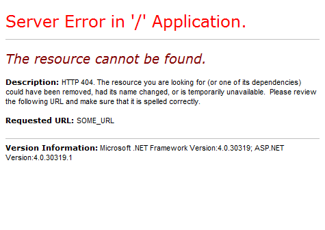 Снимок экрана стандартной страницы ASP.NET 404