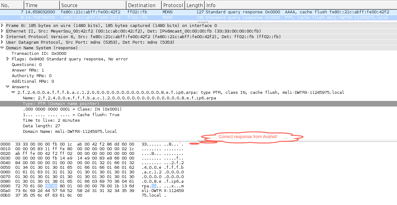 Скриншот Wireshark правильного обратного ответа mDNS, сгенерированного avahid