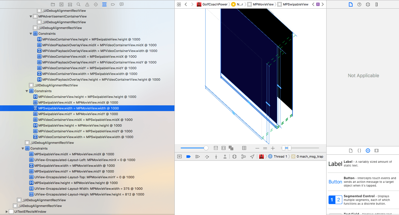 Снимок экрана для точки останова UIViewAlertForUnsatisfiableConstraints