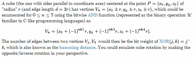 https://math.stackexchange.com/questions/107778/simplest-equation-for-drawing-a-cube-based-on-its-center-and-or-other-vertices