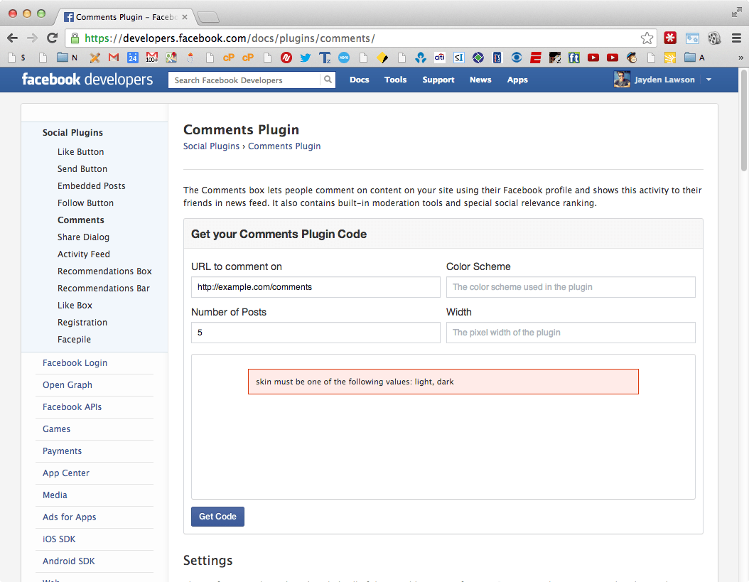 скриншот страницы разработки Facebook для плагина комментариев