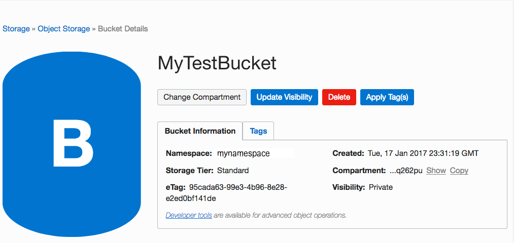 Скриншот OCI Bucket Details